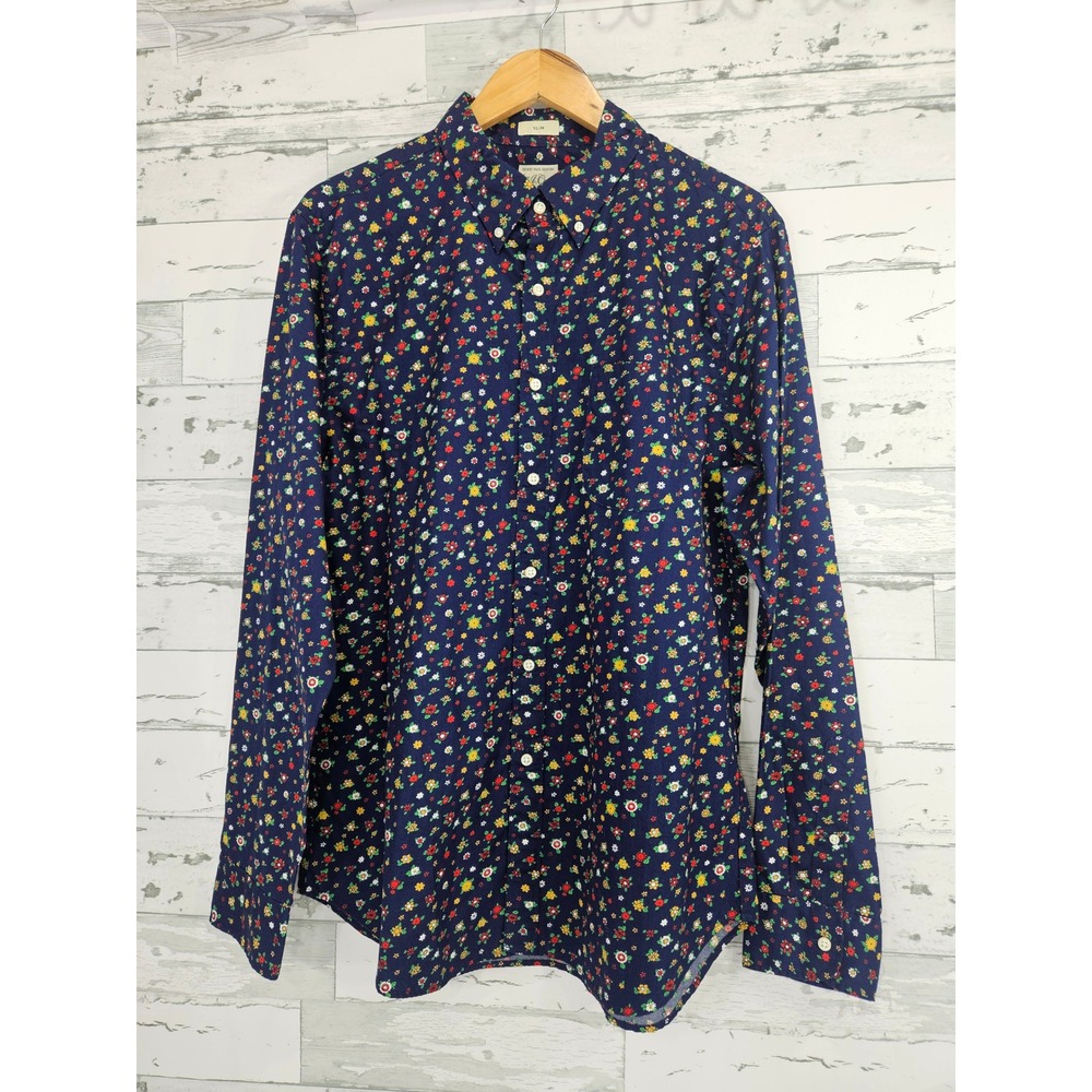 J.Crew Mens Slim Secret Wash Shirt Large Navy Floral Ditsy Long Sleeve Cotton